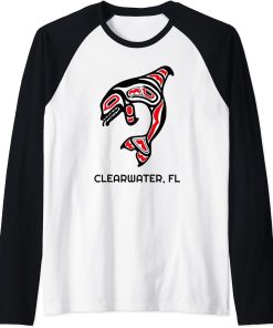 Clearwater FL Native American Indian Orca Killer Whales Raglan Baseball Tee