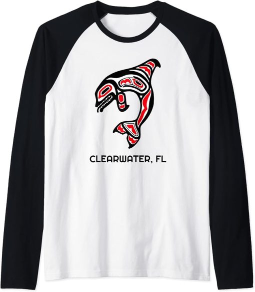 Clearwater FL Native American Indian Orca Killer Whales Raglan Baseball Tee