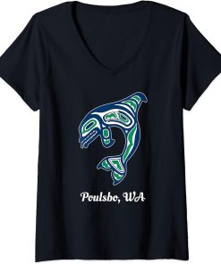 Womens Blue Green Native American Poulsbo WA Orca Killer Whale V-Neck T-Shirt