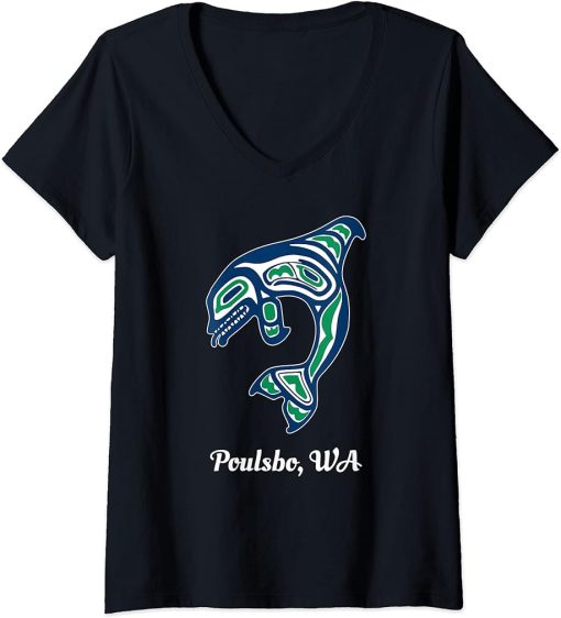 Womens Blue Green Native American Poulsbo WA Orca Killer Whale V-Neck T-Shirt