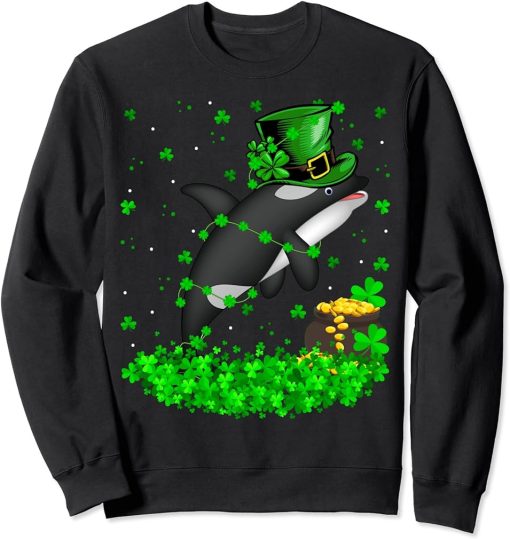 Irish Shamrock Leprechaun Orca Fish St. Patrick"s Day Sweatshirt