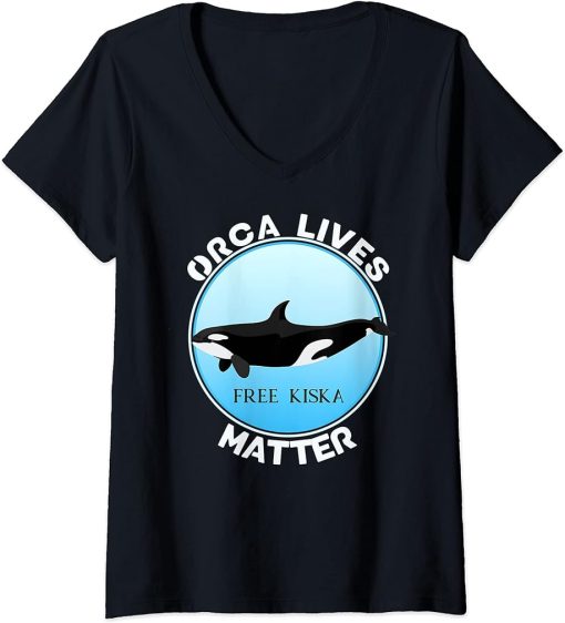 Womens Free Kiska Orca Whale Ontario V-Neck T-Shirt