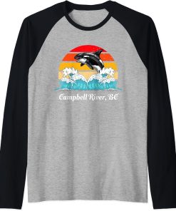 Vintage Campbell River BC Distressed Orca Killer Whale Art Raglan Baseball Tee